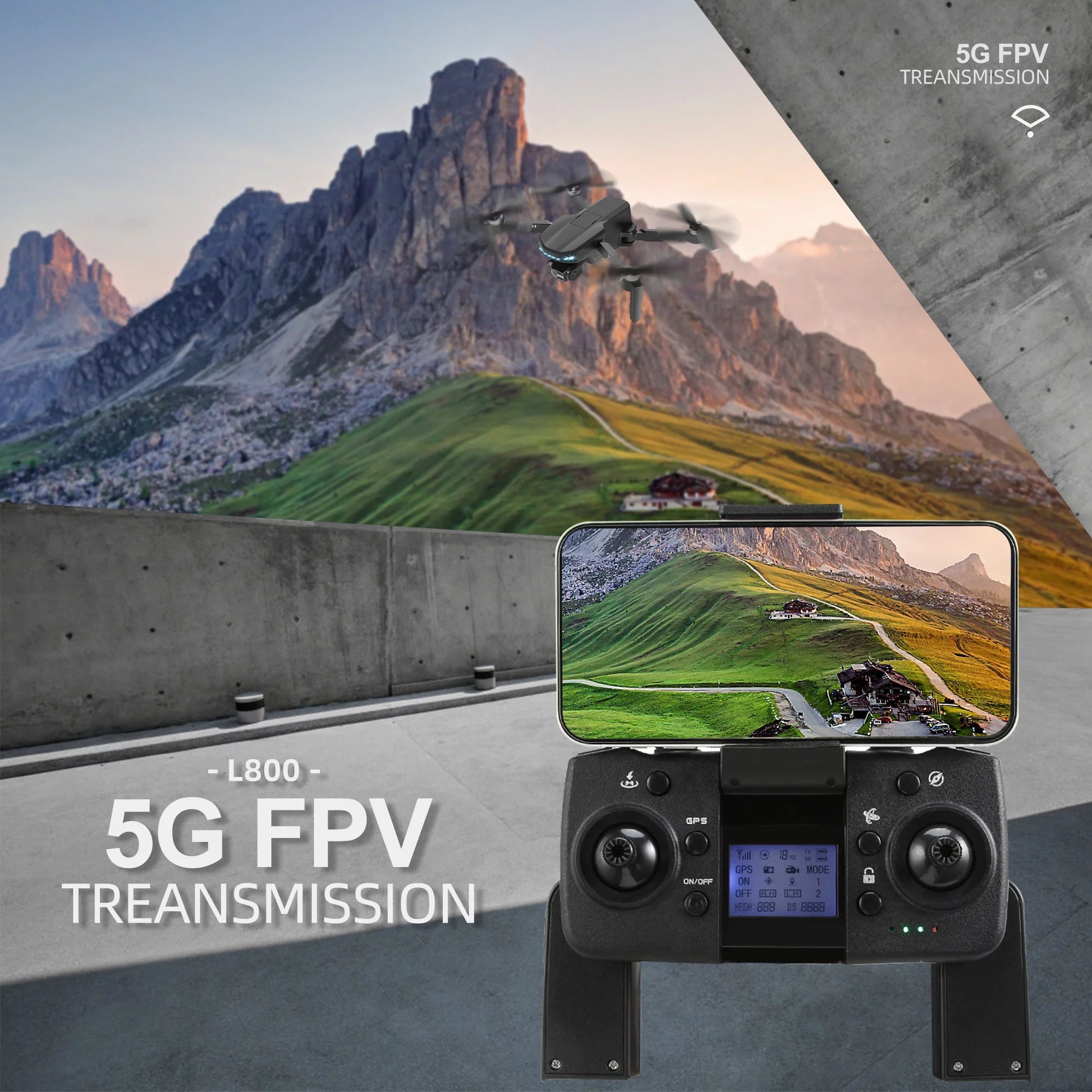 Black drone with camera flying over mountains showing 5G FPV live transmission on smartphone screen with remote controller