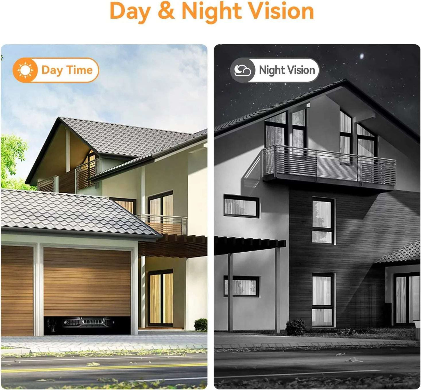 Wireless doorbell camera showing day and night vision of a modern house exterior