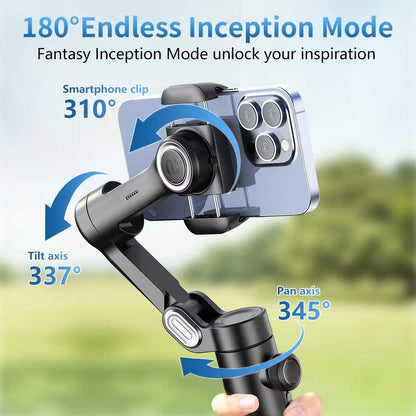 AOCHUAN 3-Axis handheld smartphone gimbal stabilizer with 180° inception mode and adjustable pan, tilt, and clip angles.
