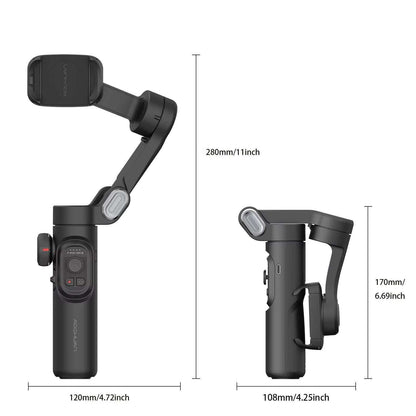 AOCHUAN 3-Axis handheld smartphone gimbal stabilizer with foldable arm and control buttons, shown with dimensions.