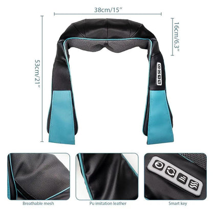 Electric Shiatsu neck back massager with soothing heat, breathable mesh, PU leather, and smart control buttons