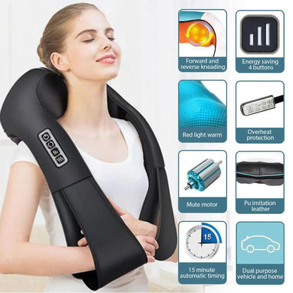 Electric Shiatsu neck back massager with heat, adjustable speed, dual direction kneading, and portable design for pain relief and muscle relaxation.