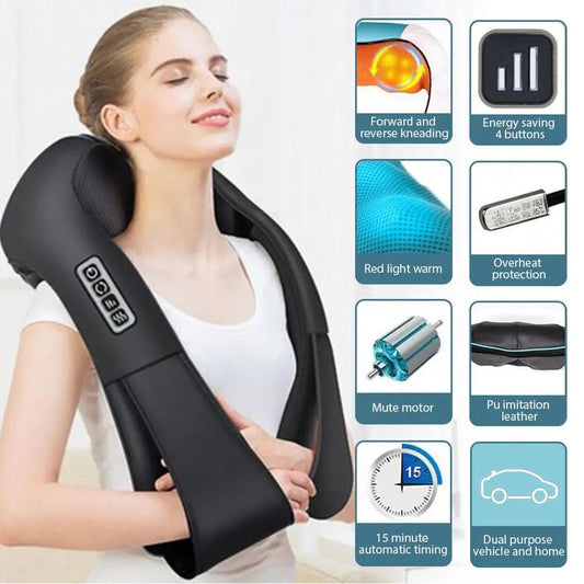 Electric Shiatsu neck back massager with heat, adjustable speed, dual direction kneading, and portable design for pain relief and muscle relaxation.
