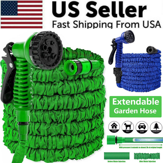 Expandable garden water hose with spray nozzle in green and blue, lightweight and flexible, suitable for home, pet, car, and garden use, US seller fast shipping.