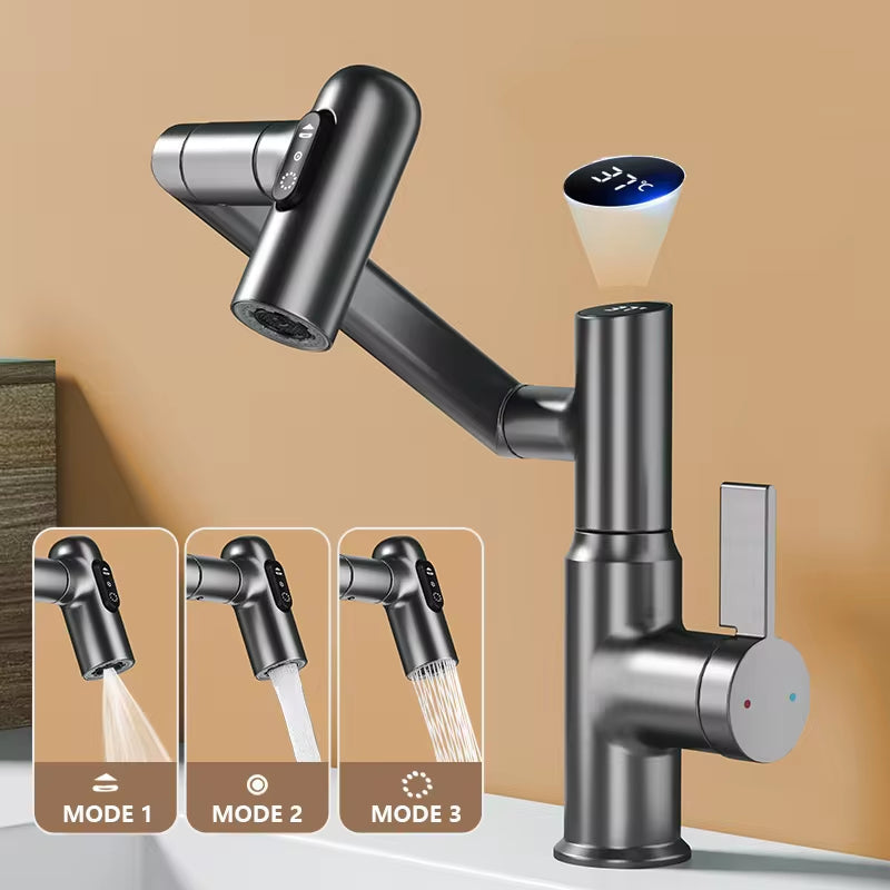 Digital Display LED Basin Faucet with 360 rotation, multi-function sprayer, and temperature display in sleek black finish