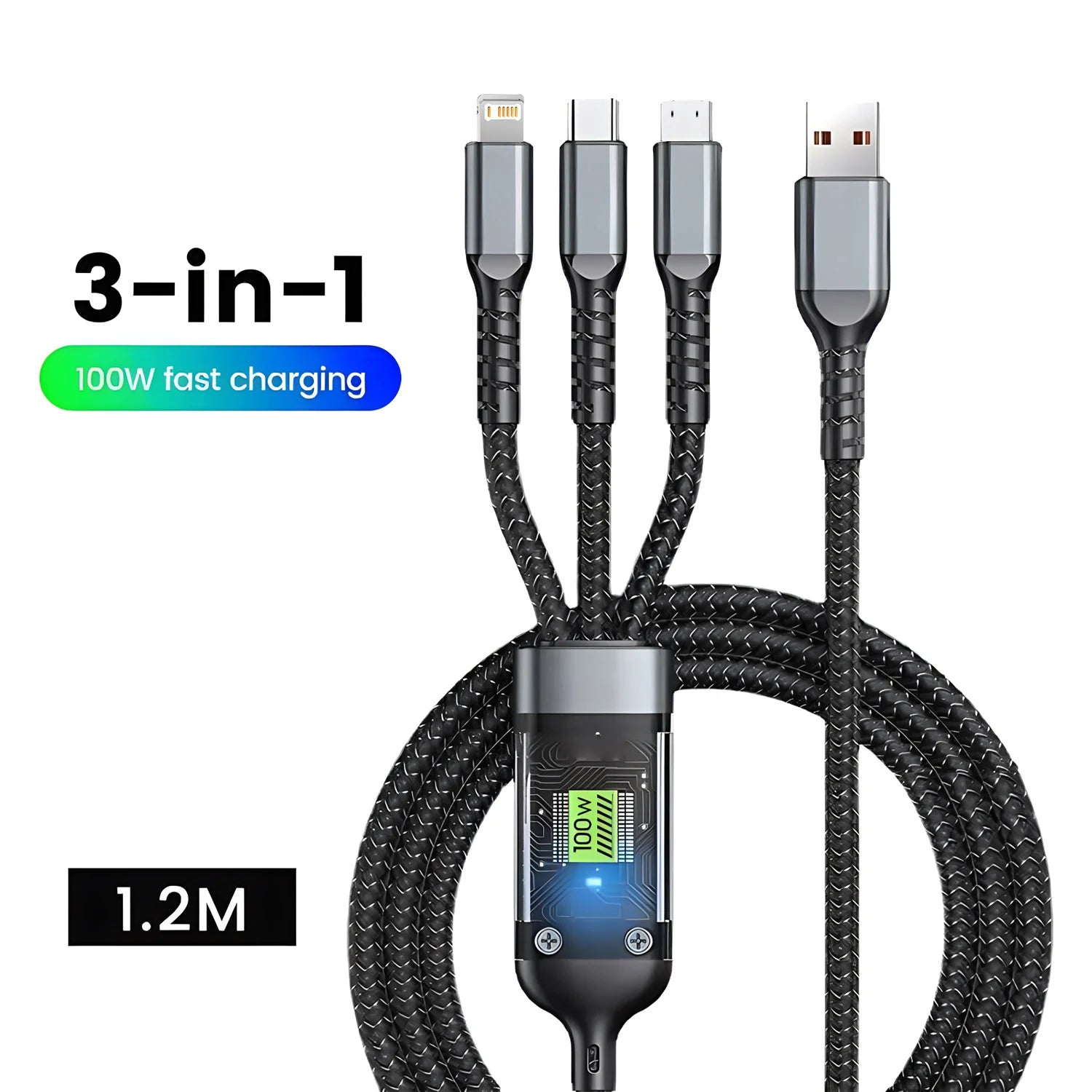 3 in 1 Charging Cable with 100W fast charging, nylon braided, 1.2m length, USB to Lightning, USB-C, and Micro USB connectors