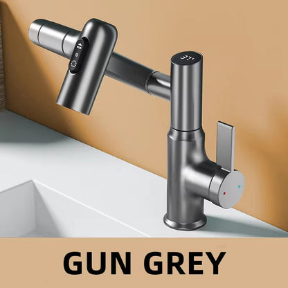 Gun grey digital display LED basin faucet with 360-degree rotation and temperature control for bathroom sink
