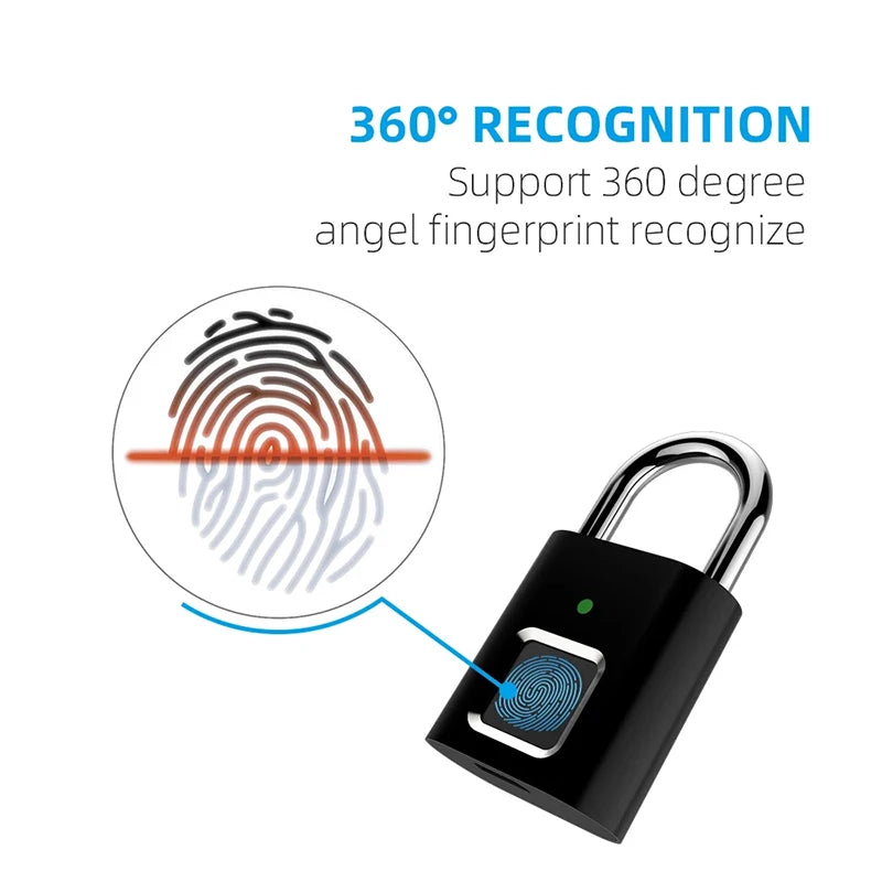 Black silver USB rechargeable fingerprint padlock with 360-degree recognition and zinc alloy body.