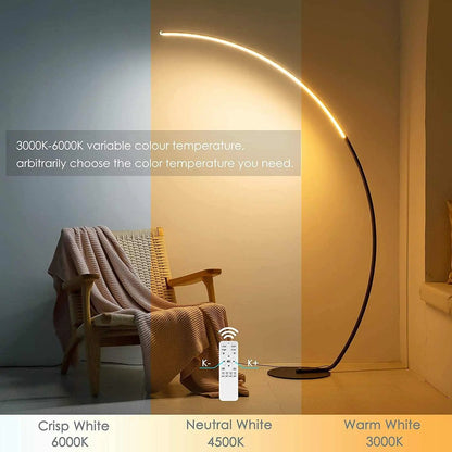 RGBW modern curve floor lamp with adjustable 3000K-6000K color temperature near armchair
