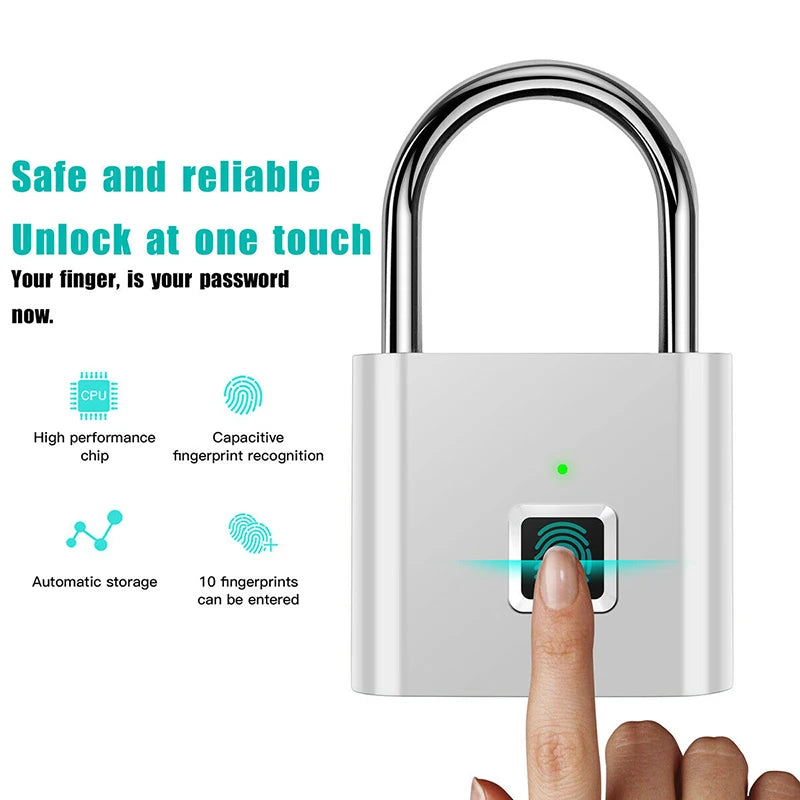Black silver USB rechargeable fingerprint smart padlock with quick unlock and high security zinc alloy metal