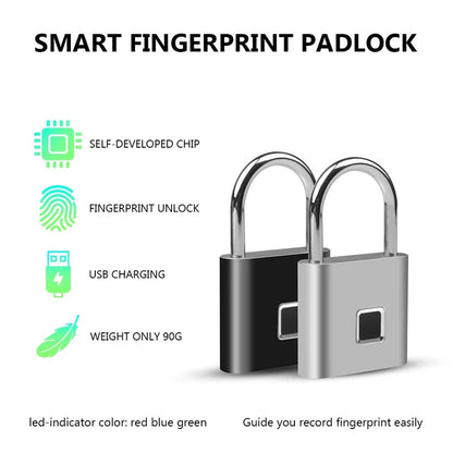 Black and silver USB rechargeable fingerprint smart padlocks with quick unlock and zinc alloy metal body