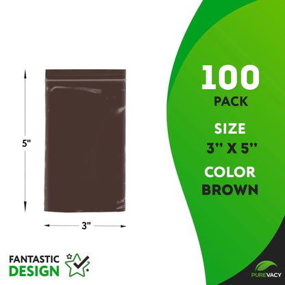 Amber Zip Bags 3 x 5 Brown Poly Zip Bags for Storage 100 Pack