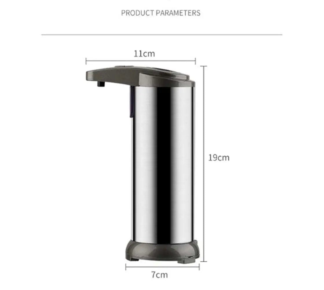 Automatic liquid soap dispenser with touchless operation and stainless steel body in silver color