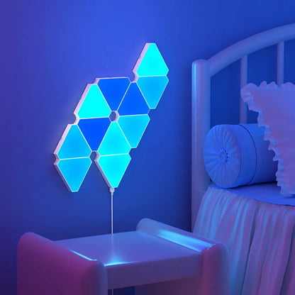 LED Triangular Quantum Lamp RGB wall-mounted smart light with color-changing panels in a bedroom setting