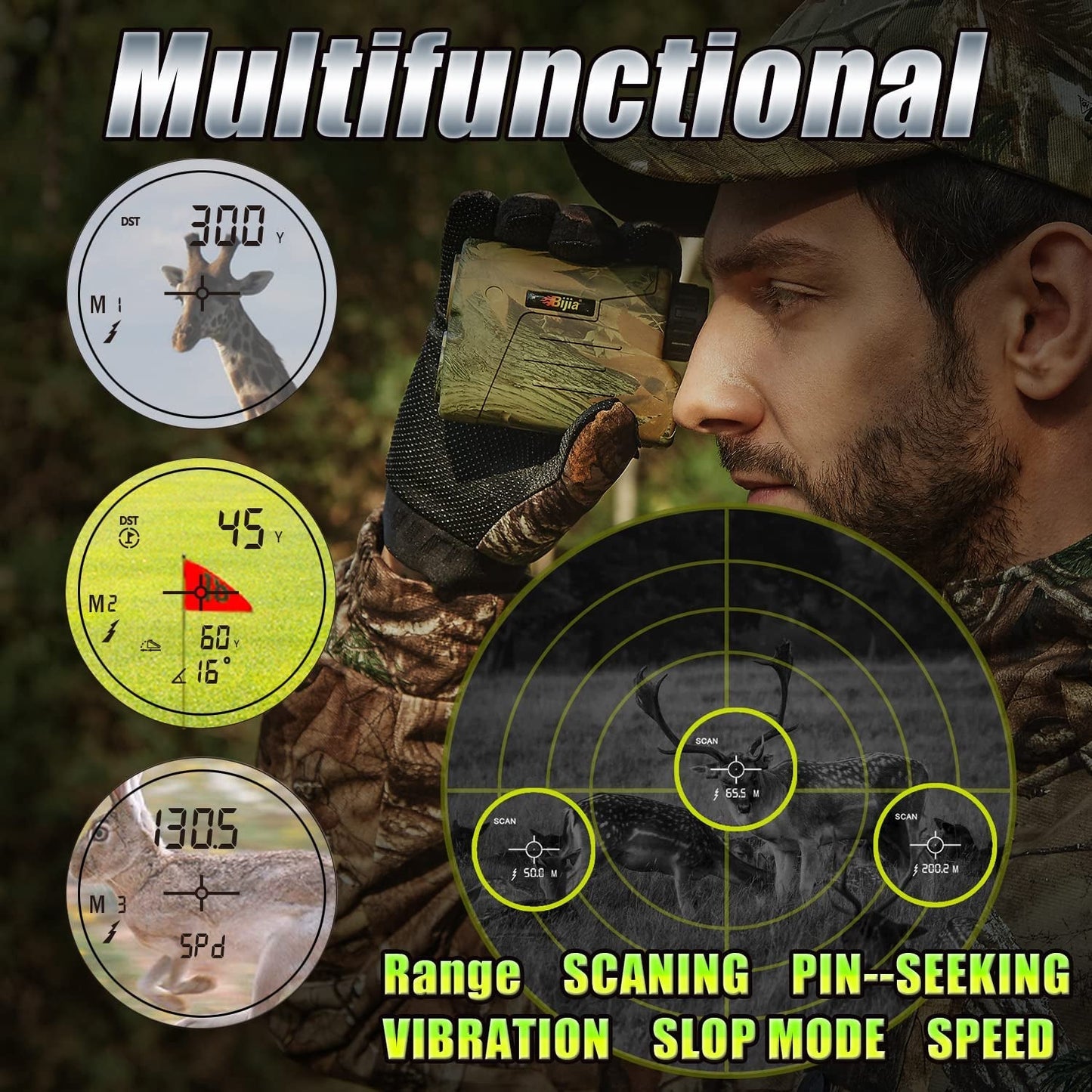 Hunting rangefinder with multifunction display, slope correction, vibration, pin-seeking, and scanning features for precise outdoor measurements.