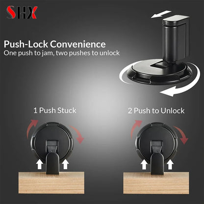 Windproof door stopper with push-lock mechanism in oil rubbed bronze finish preventing door closure and floor damage