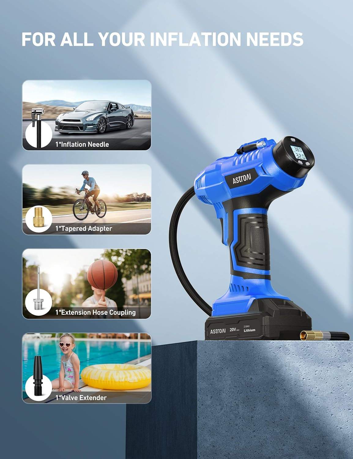 Blue cordless tire inflator air compressor with digital pressure gauge and accessories for cars, bikes, basketballs, and inflatables