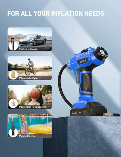 Blue cordless tire inflator air compressor with digital pressure gauge and accessories for cars, bikes, basketballs, and inflatables