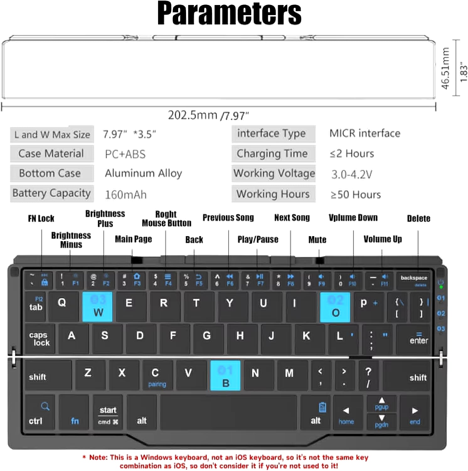 Black pocket foldable Bluetooth keyboard with stand, aluminum alloy, rechargeable and compatible with phones and iPad.
