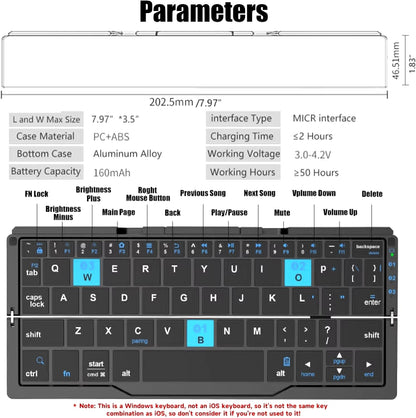 Black pocket foldable Bluetooth keyboard with stand, aluminum alloy, rechargeable and compatible with phones and iPad.