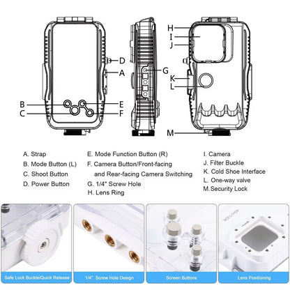 Waterproof diving case with one-way valve for iPhone 15 to 11 Pro Max, featuring secure lock, camera and mode buttons, and lens ring for underwater use.