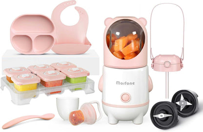 Pink 17-in-1 baby food maker set with processor, storage containers, silicone spoon, bib, and accessories for preparing and feeding baby food