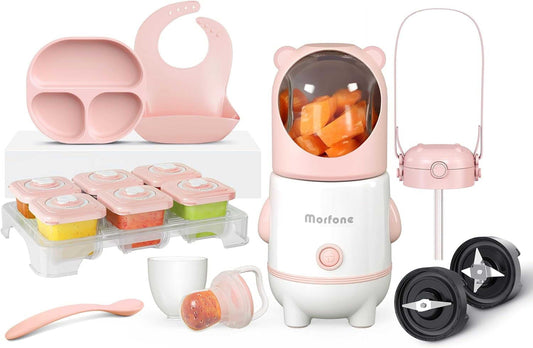 Pink 17-in-1 baby food maker set with processor, storage containers, silicone spoon, bib, and accessories for preparing and feeding baby food