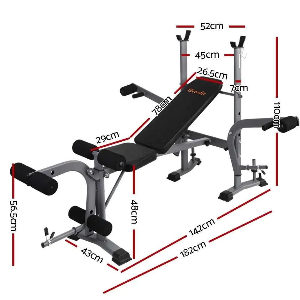 Everfit multi station weight bench with adjustable incline, leg extensions, and steel frame for home fitness.
