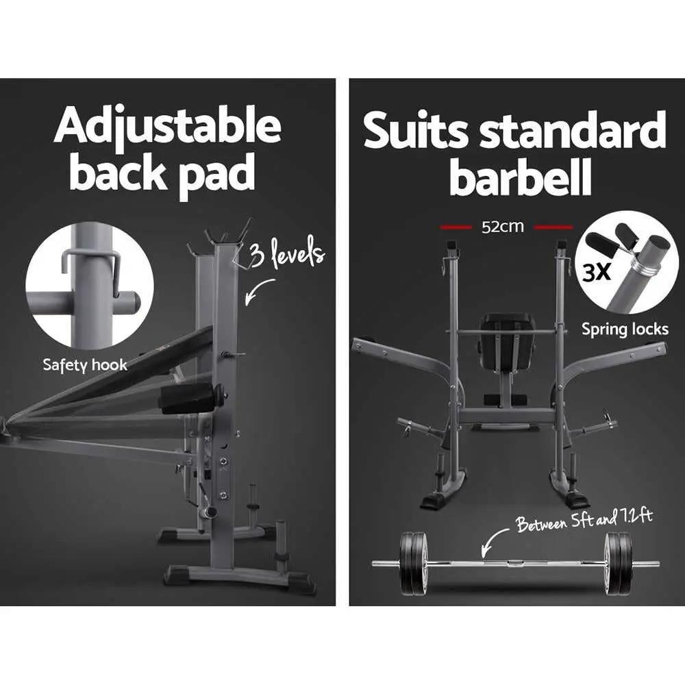 Adjustable multi station weight bench with 3-level back pad and spring locks for standard barbell.