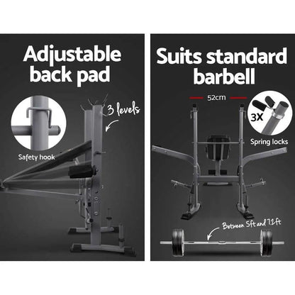 Adjustable multi station weight bench with 3-level back pad and spring locks for standard barbell.