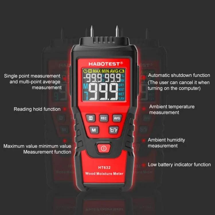 HABOTEST HT632 portable wood moisture meter with digital display and embedded sharp probe for accurate humidity, temperature, and ambient humidity measurement