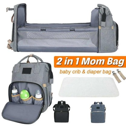 Gray stroller diaper bag with baby bed mat and stroller hooks multipurpose travel mom bag