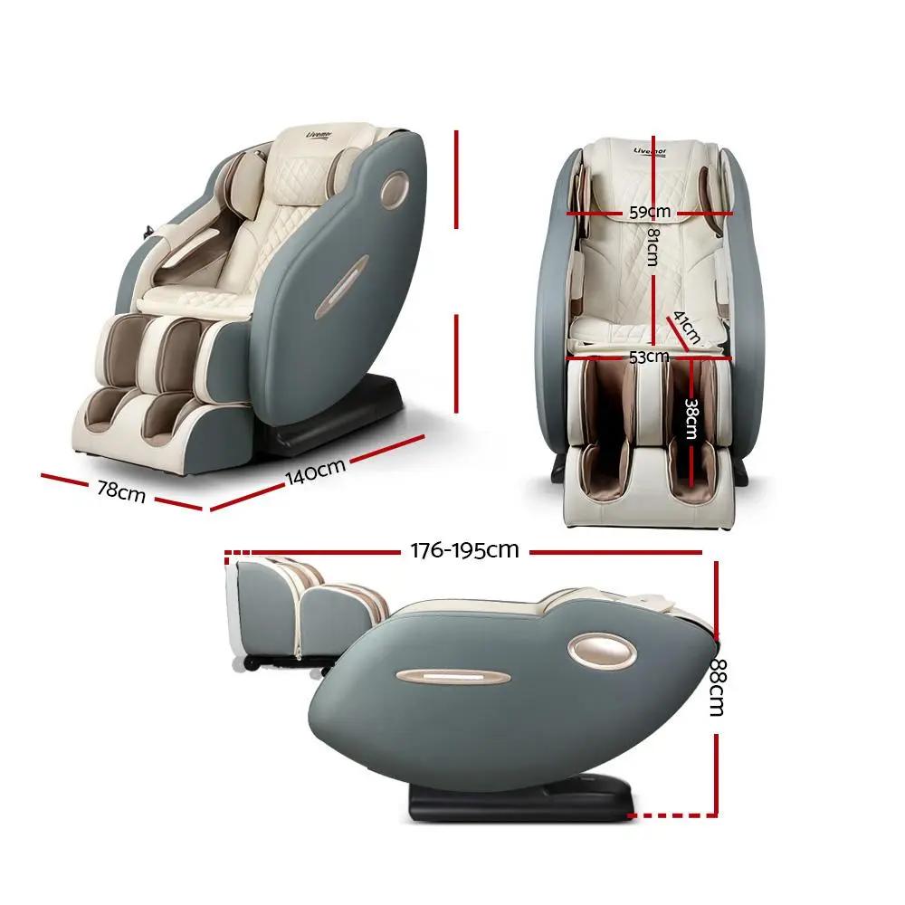 Livemor Electric Massage Chair recliner with SL track, shiatsu heat back, Bluetooth speakers, and multiple massage programs in grey and beige color.