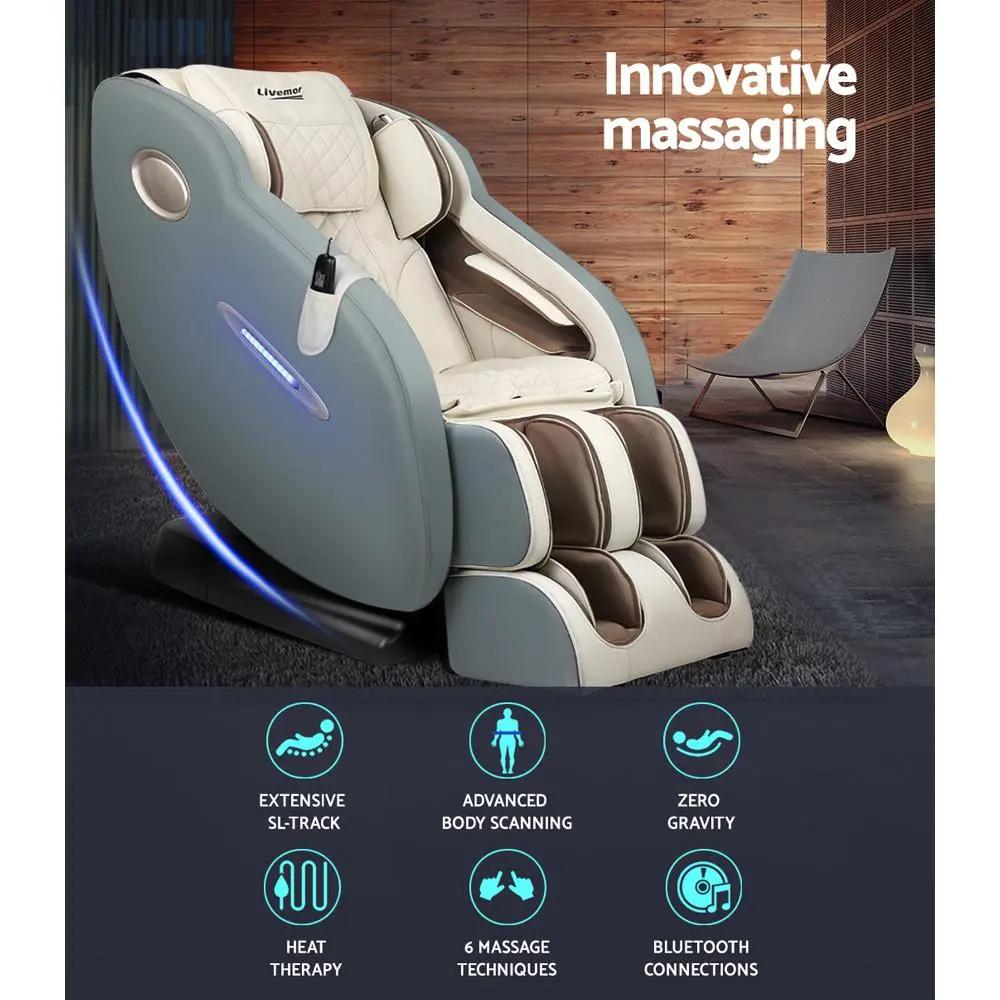 Livemor Electric Massage Chair recliner with SL track, shiatsu heat, zero gravity, advanced body scanning, six massage techniques, and Bluetooth connectivity in modern living room setting