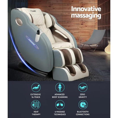Livemor Electric Massage Chair recliner with SL track, shiatsu heat, zero gravity, advanced body scanning, six massage techniques, and Bluetooth connectivity in modern living room setting