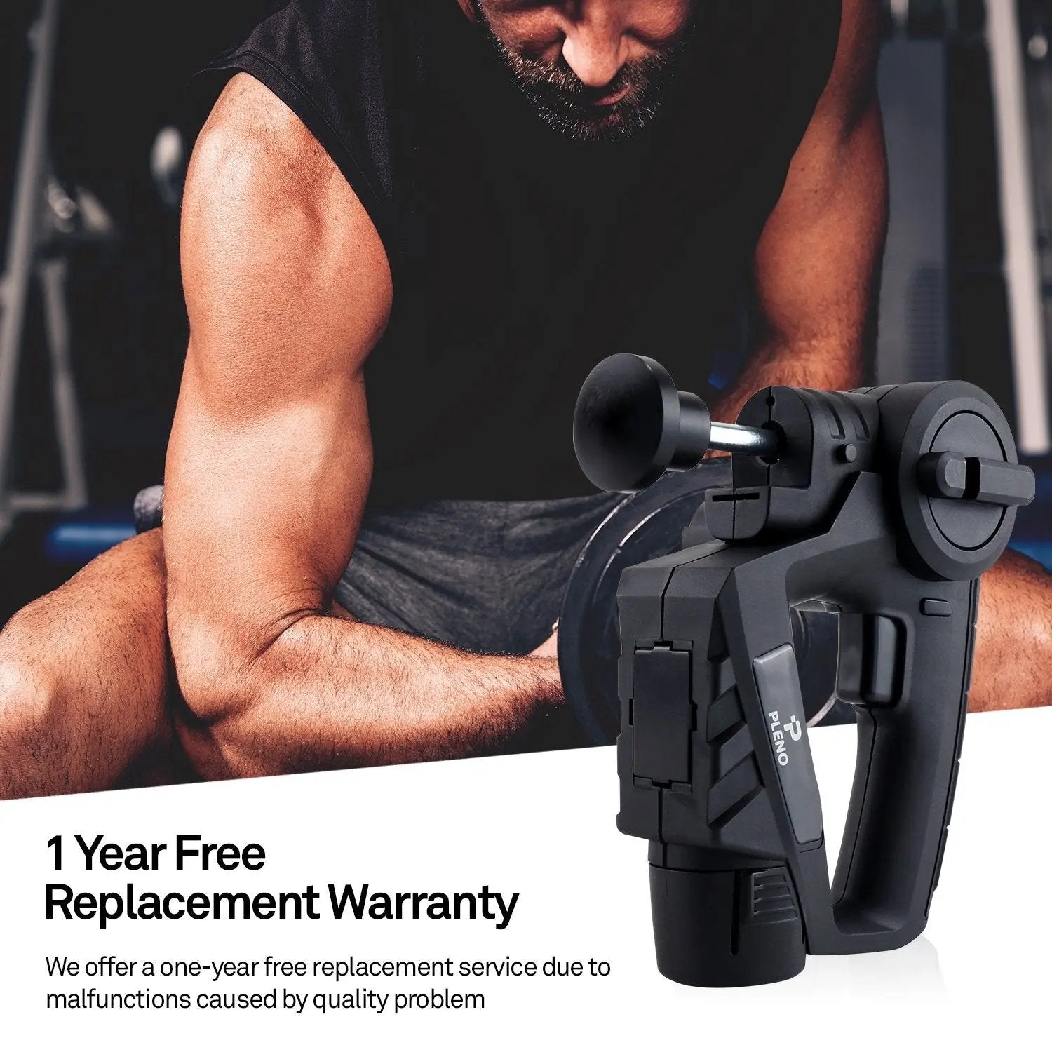Pleno Massage Gun handheld deep tissue massager for muscle pain relief with adjustable angle and cordless design