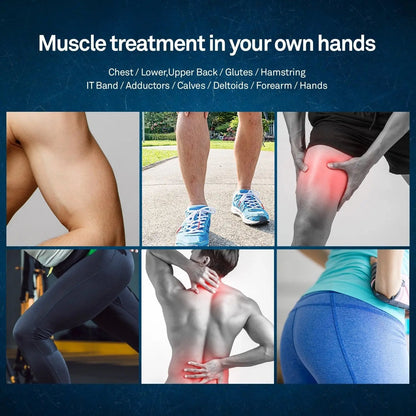 Pleno Massage Gun relieving muscle pain and soreness on various body parts including legs, back, and glutes