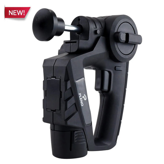 Pleno Massage Gun handheld deep tissue muscle massager with adjustable 90-degree arm and cordless design