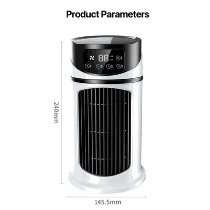 Mini Portable Water Air Cooling Fan with digital display, white ABS body, USB powered, 240mm height and 145.5mm width.