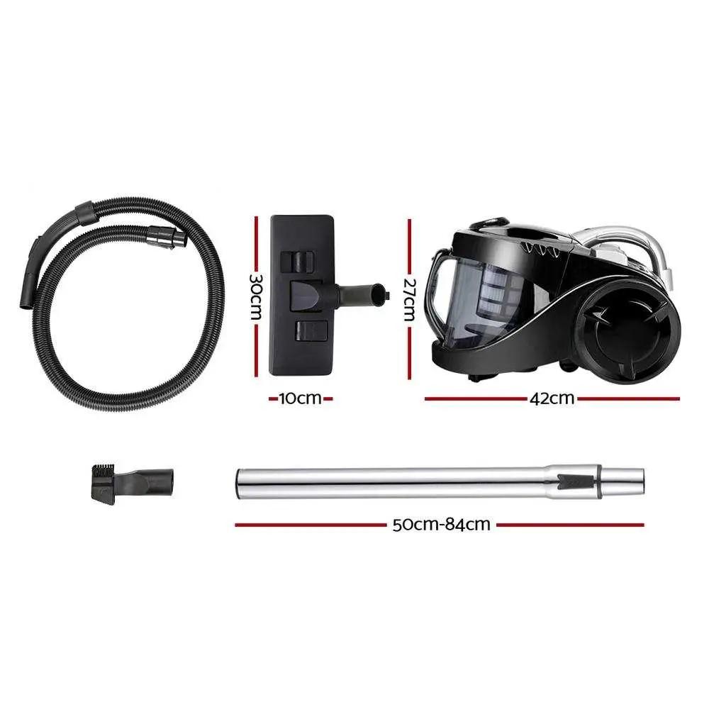 Devanti bagless vacuum cleaner with cyclone system, HEPA filter, telescopic handle, and accessories for home and office cleaning