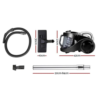 Devanti bagless vacuum cleaner with cyclone system, HEPA filter, telescopic handle, and accessories for home and office cleaning