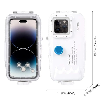 PULUZ waterproof diving case for iPhone with 40M/130Ft depth, clear lens, and one-way valve protection