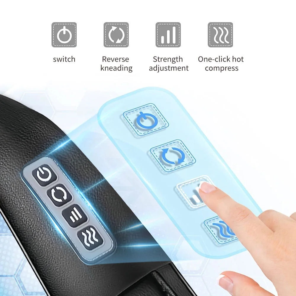 Shiatsu deep tissue neck and back massager control panel with heat and intensity adjustment buttons
