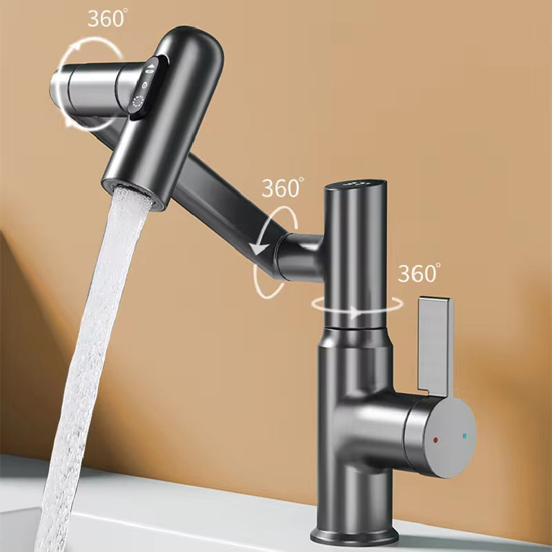 Digital Display LED Basin Faucet with 360-degree rotation and multi-function stream sprayer in sleek black design