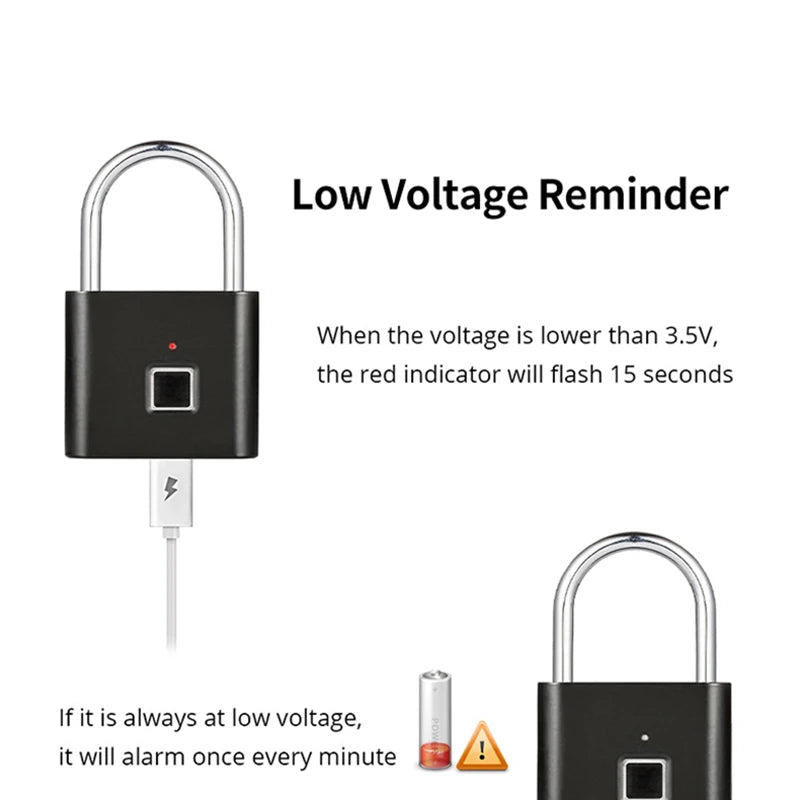 Black silver USB rechargeable fingerprint door smart lock with low voltage reminder and quick unlock zinc alloy padlock