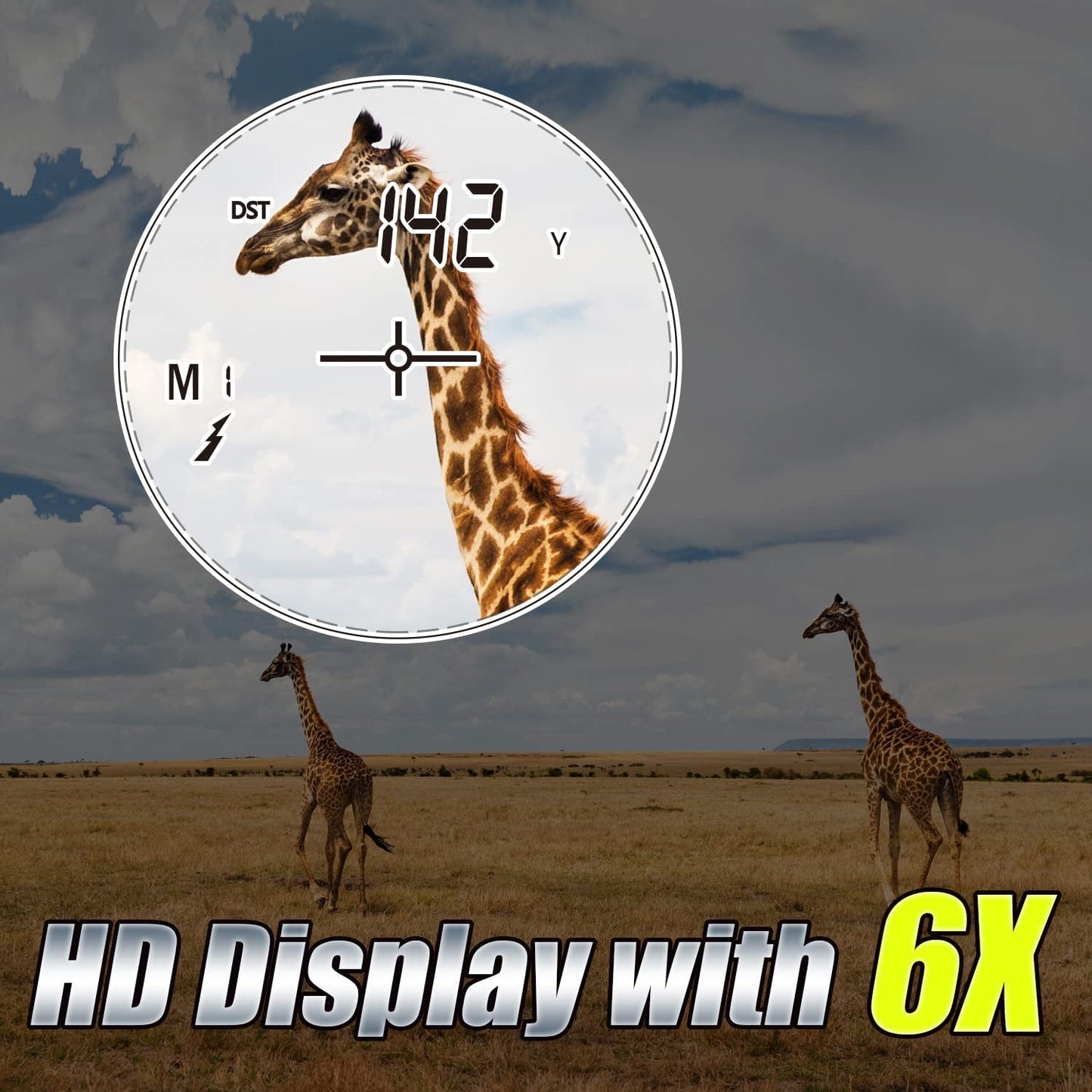 Hunting rangefinder showing 142 yards distance on HD display with 6X magnification targeting giraffe in open field