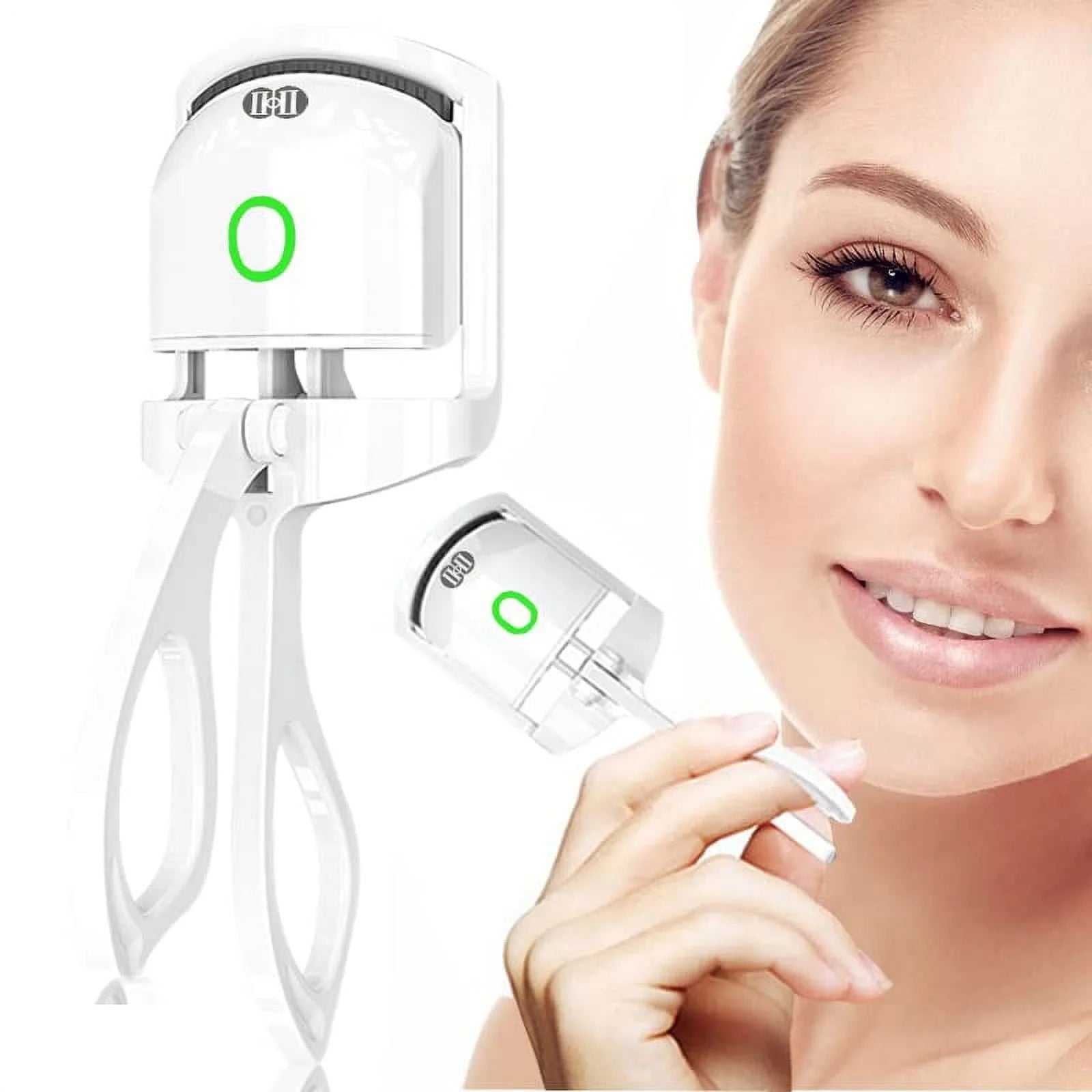 Heated electric rechargeable eyelash curler held by woman for natural lash lifting