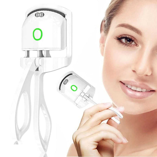 Heated electric rechargeable eyelash curler held by woman for natural lash lifting