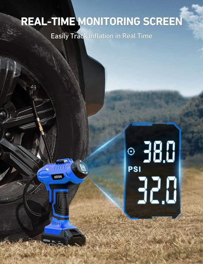 Blue cordless tire inflator with digital pressure gauge inflating car tire outdoors