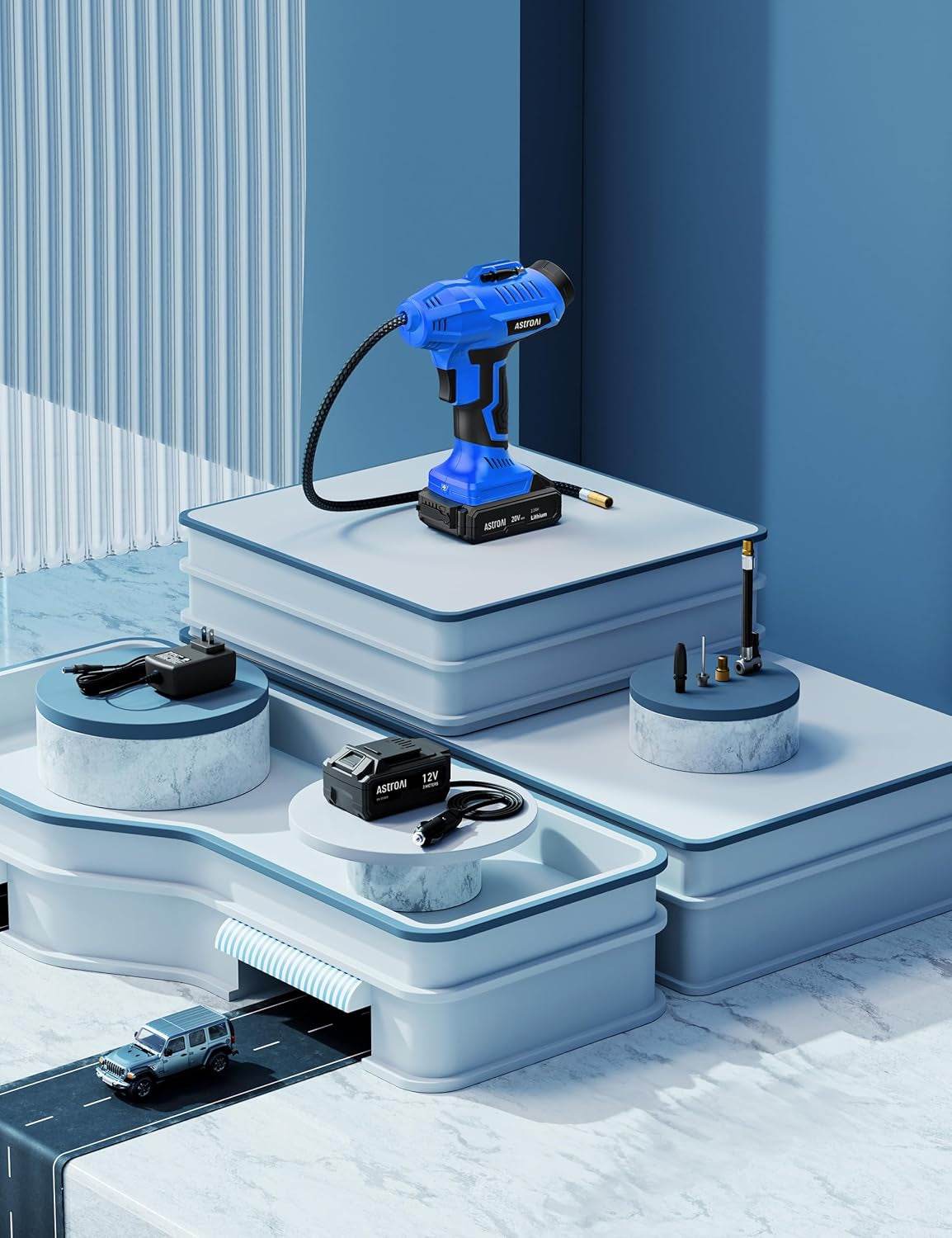 Blue cordless tire inflator air compressor with rechargeable battery and digital pressure gauge on a modern blue display stand